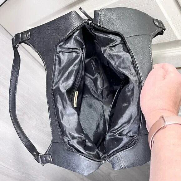 Black MultiSac Shoulder Bag Faux Leather Older Purse 3 Pockets 13" x 18 From Top - Picture 3 of 5